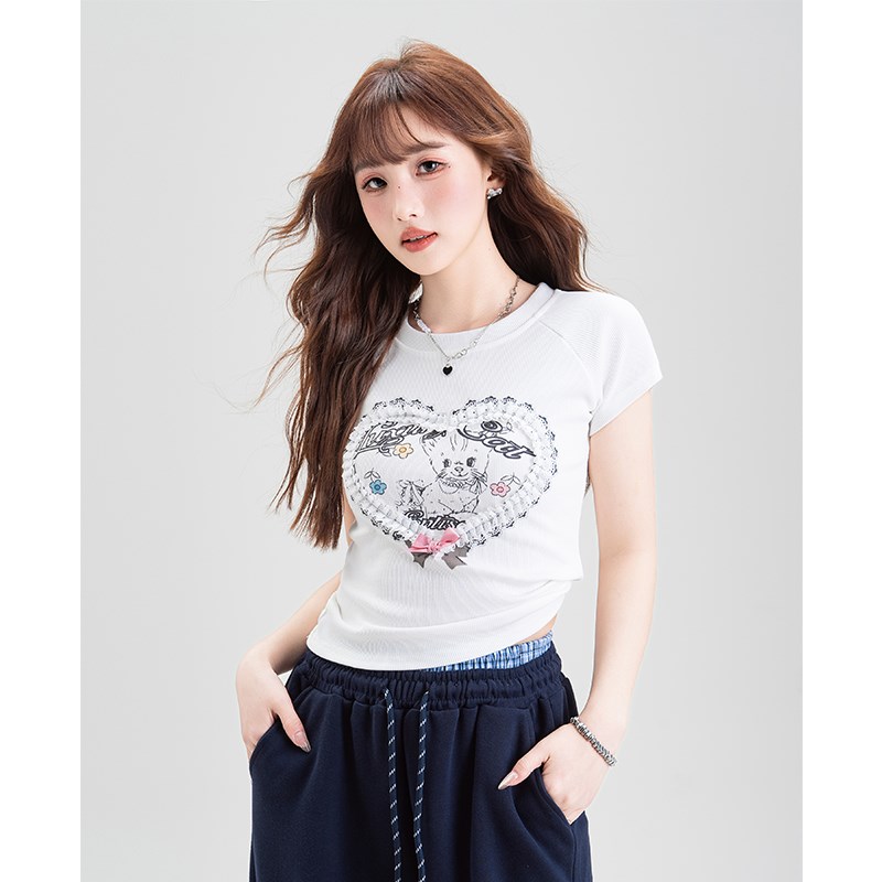 纯欲爱心蕾丝印花短袖T恤女夏季新款设计感小众修身显瘦短款上衣