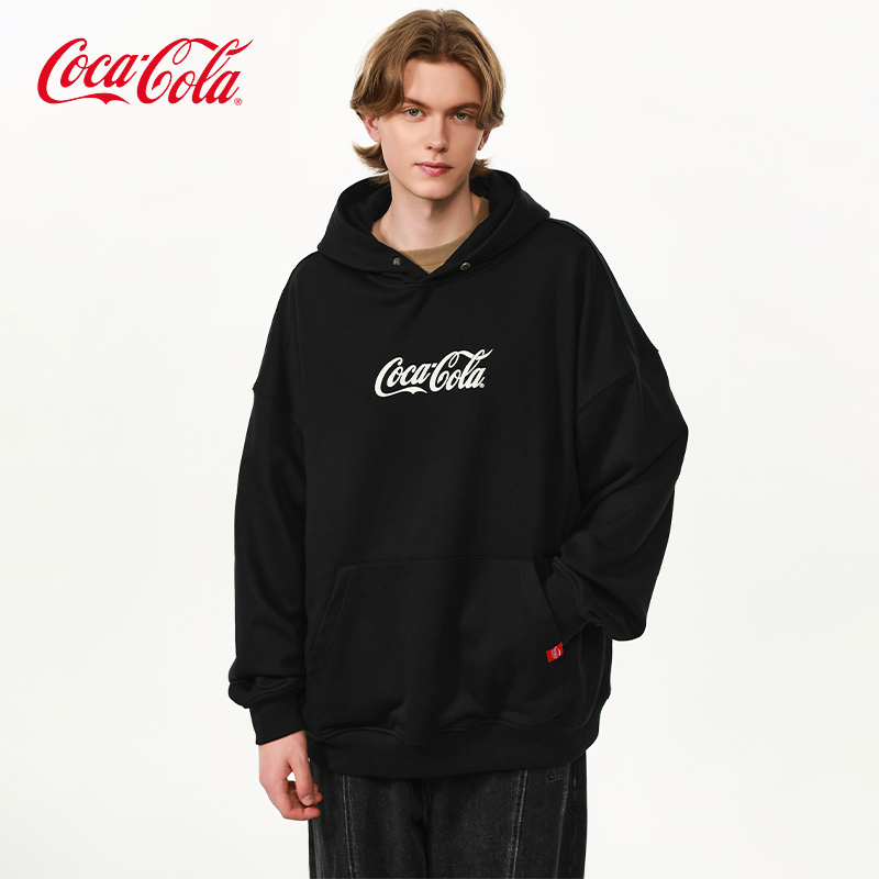 Coca-Cola/可口可乐青少年基础纯色字母发泡Logo印花落肩连帽卫衣