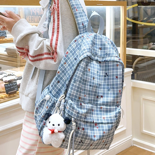 复古格子双肩包女生学生书包背包