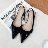 女裸色拼接后绊带平底通勤女鞋 尖头包头凉鞋 法式  2026春夏新款