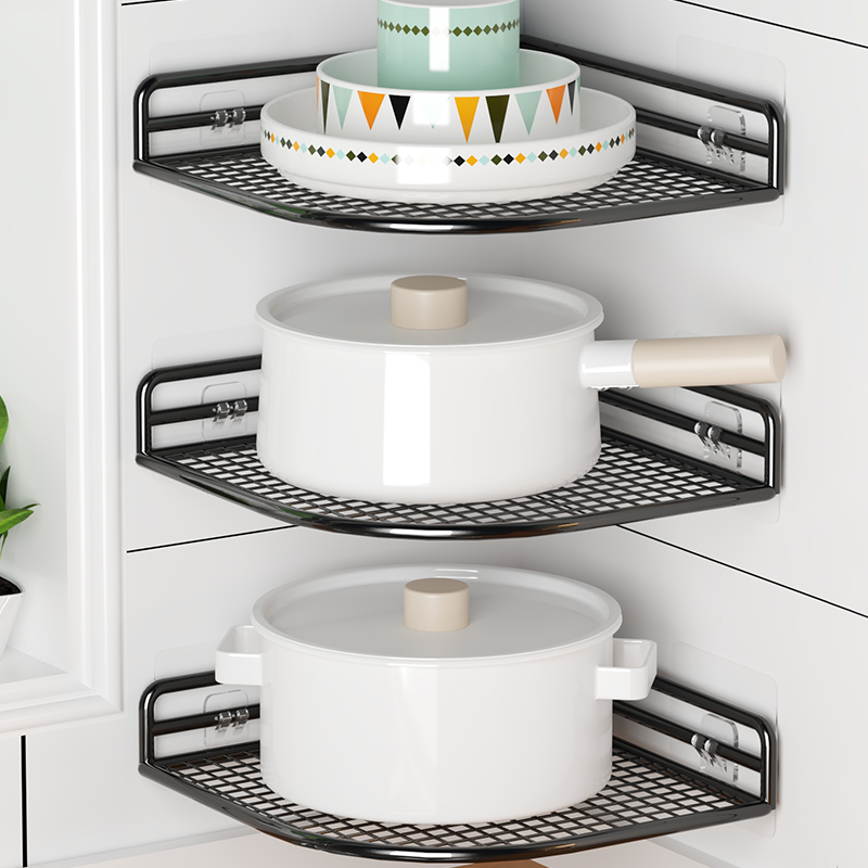 厨房免打孔转角置物架壁挂式墙角分层放锅架子多功能拐角三角锅架