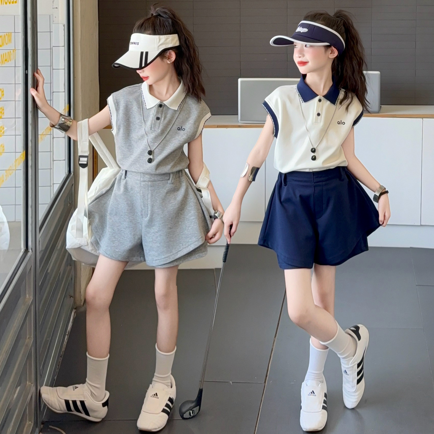 女童韩版炸街运动套装夏季2025新款儿童polo短袖t恤短裤裙两件套