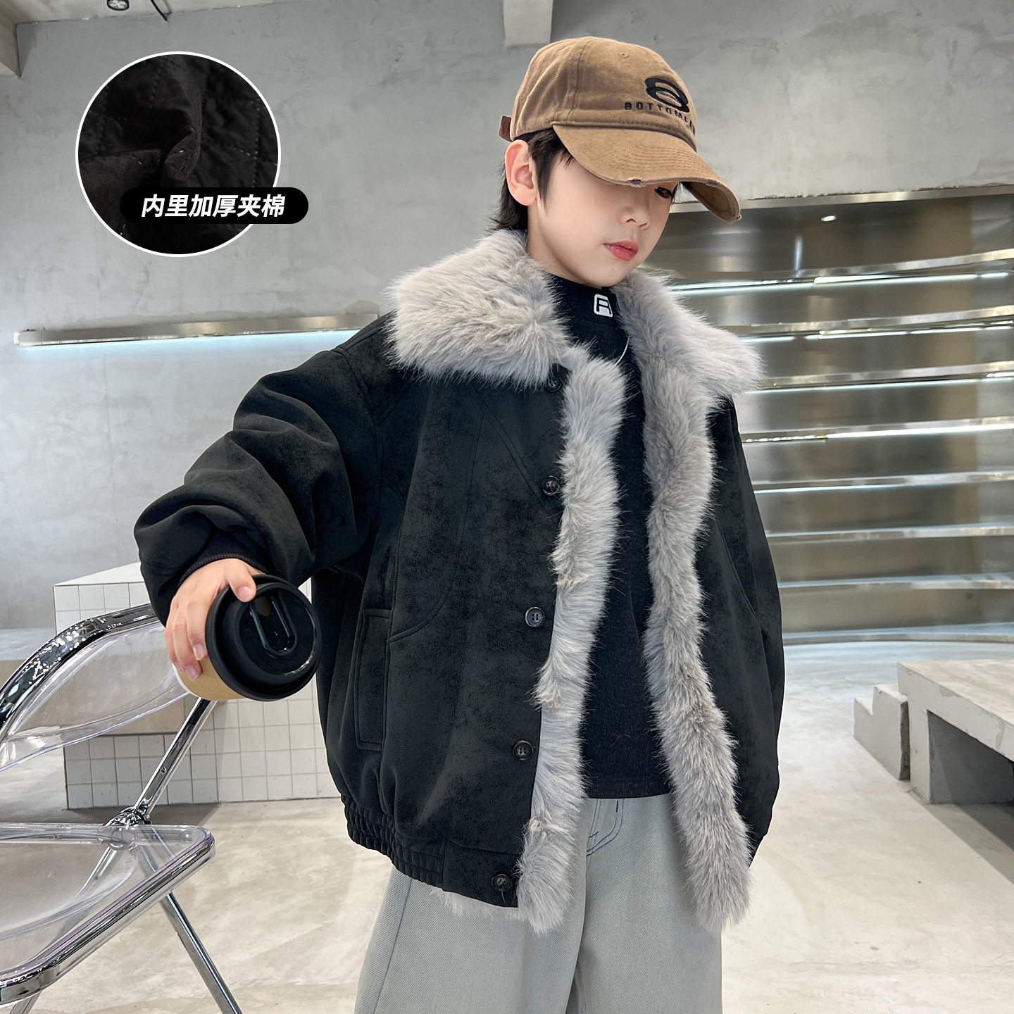 男童痞帅兔毛领夹棉外套儿童冬季装加厚棉服保暖男孩皮草炸街时髦