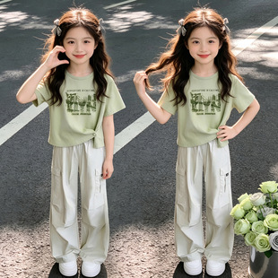 女童夏装套装2026新款夏季女孩韩系T恤短袖儿童洋气工装裤两件套