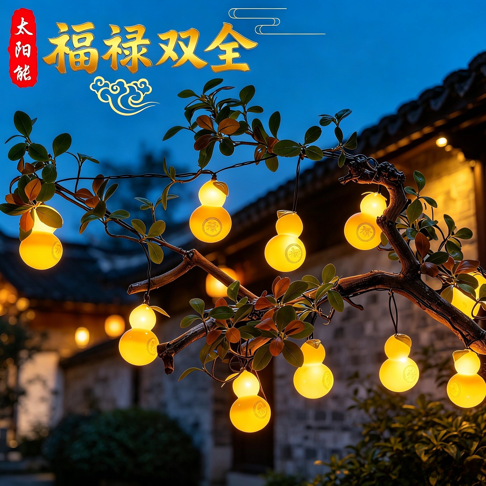 新款户外太阳能葫芦灯庭院氛围灯装饰灯笼新年过年树上挂的彩灯串