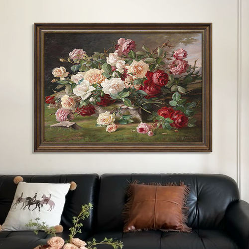 复古花卉欧式客厅装饰画壁画餐厅玄关挂画横版美式走廊餐厅油画