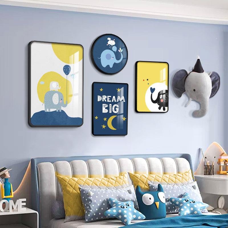 ins儿童房装饰画男女孩卧室床发夹通挂画北欧房间背景墙大象壁画