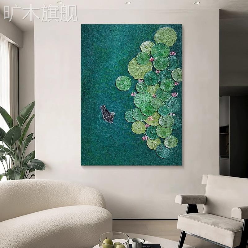 绿色荷叶荷花肌理感和和美美客餐厅装饰画玄关小船艺术高级感挂画图片