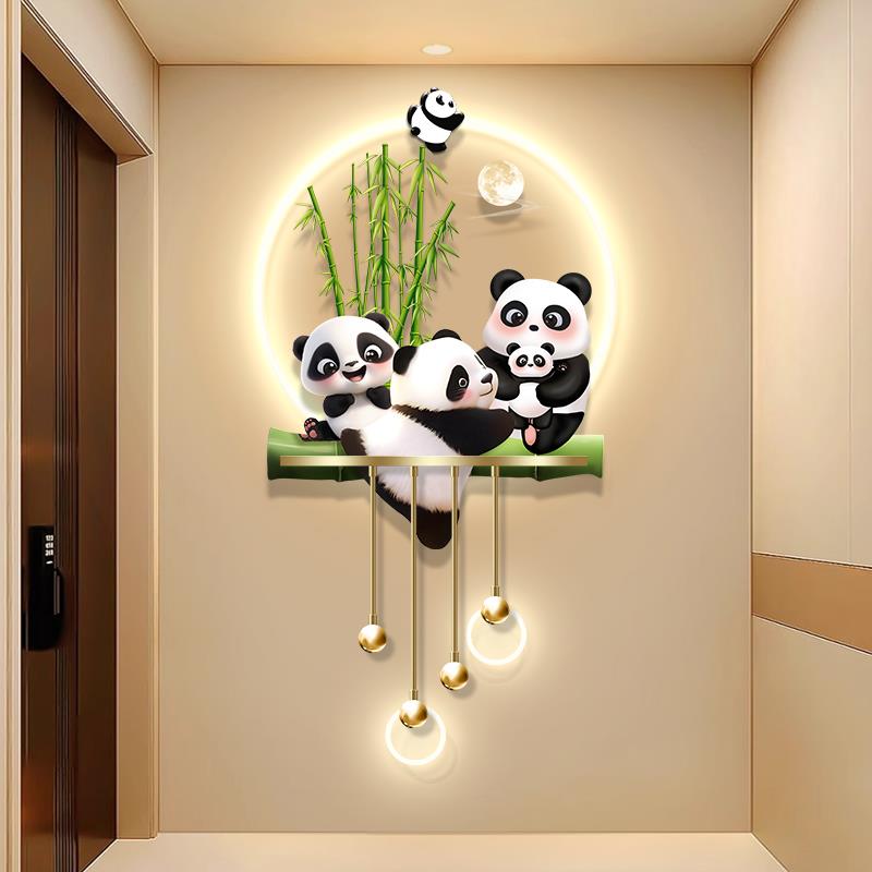 北欧奶油风熊猫玄关装饰画入户走廊过道墙壁灯高级感客厅对门挂画