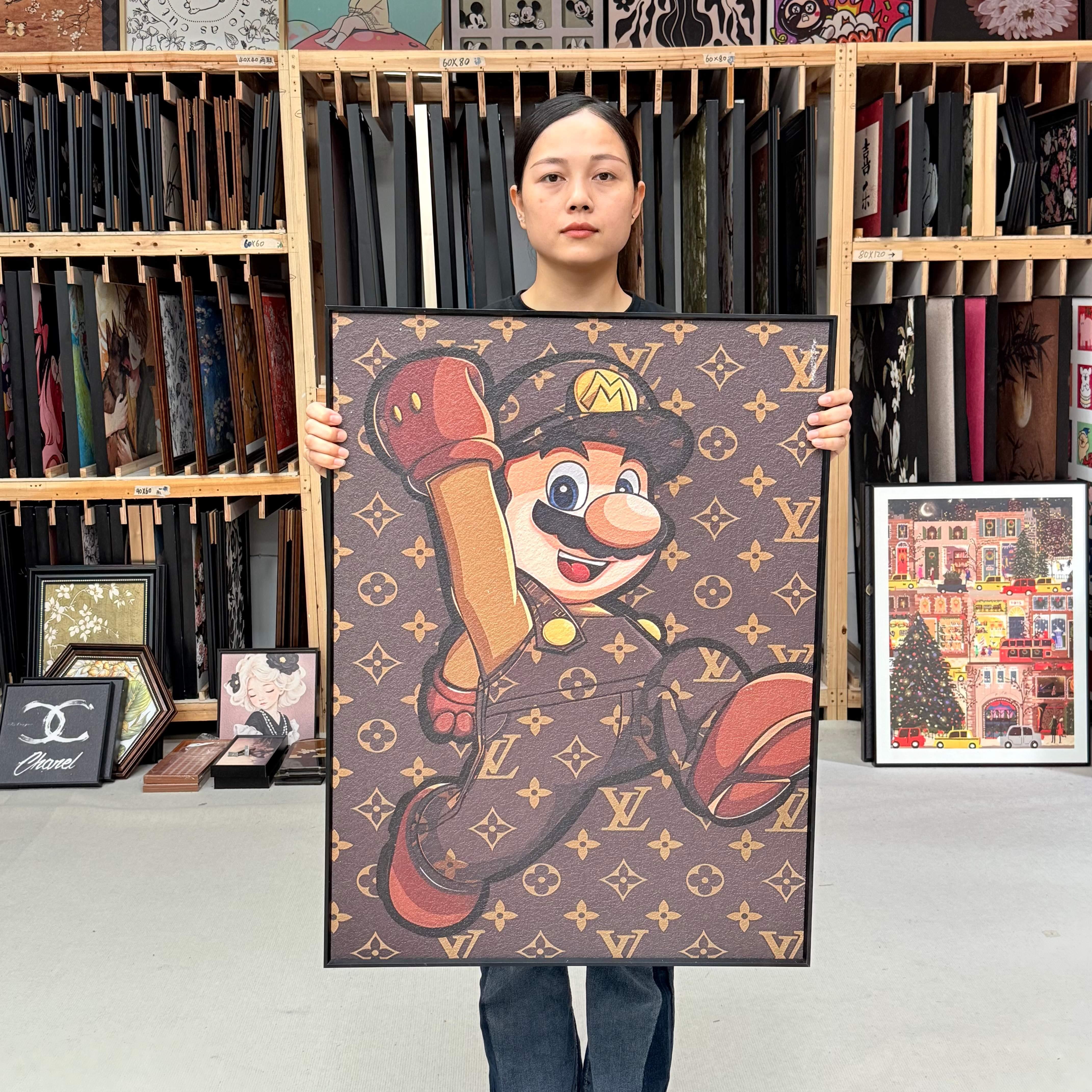 老花马里奥儿童房卡通砂岩高级感客厅沙发背景挂画G081装饰画6080