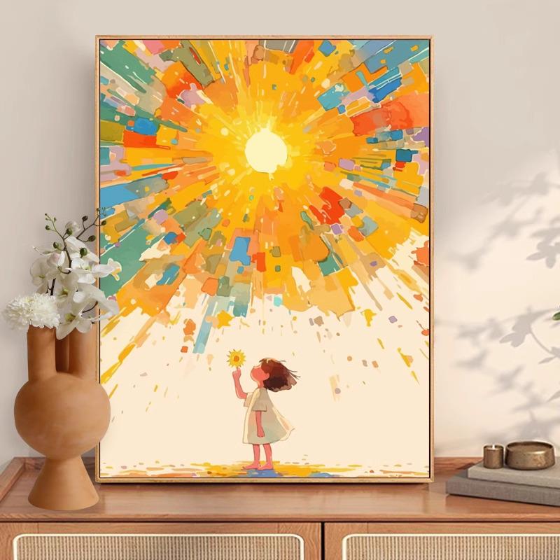 太阳女孩梵高温暖系装饰画画梦幻卡通儿童房卧室书房玄关装饰画画