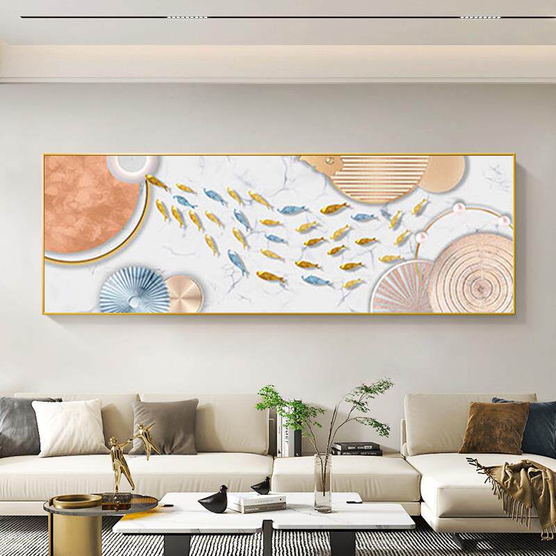 简约轻奢游鱼戏韵客厅装饰画沙发背景挂画抽象几何图形横版墙壁画