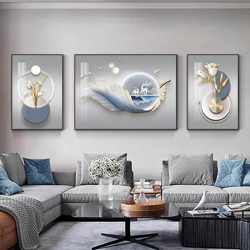 现代简约客厅装饰画高档沙发后上背景墙蓝色羽毛福鹿挂画三联壁画