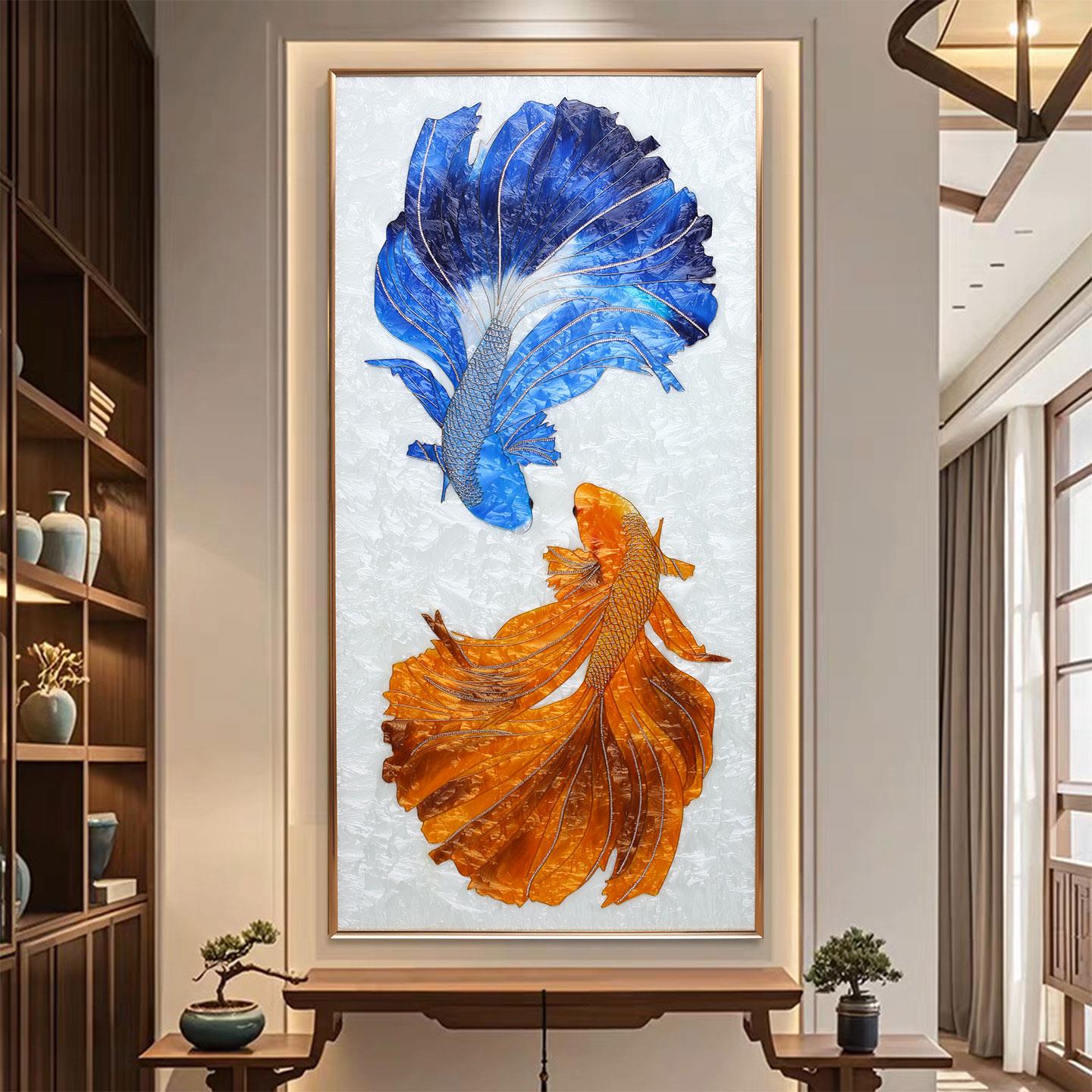 锦鲤画玄关珐琅彩装饰画现代高端入户门厅墙上挂画别墅背景墙壁画