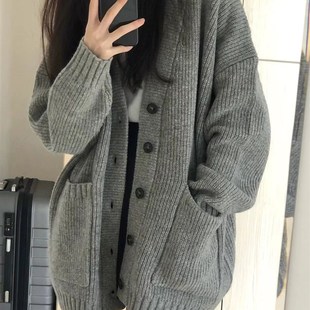 宽松外穿日系慵懒风复古软糯针织开衫 灰色毛衣外套女秋冬2023新款