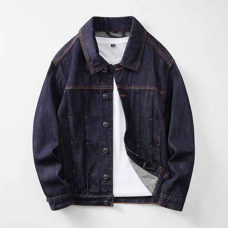 秋冬新款防褪色原浆水洗牛仔外套深蓝色阿美咔叽翻领痞帅牛仔夹克
