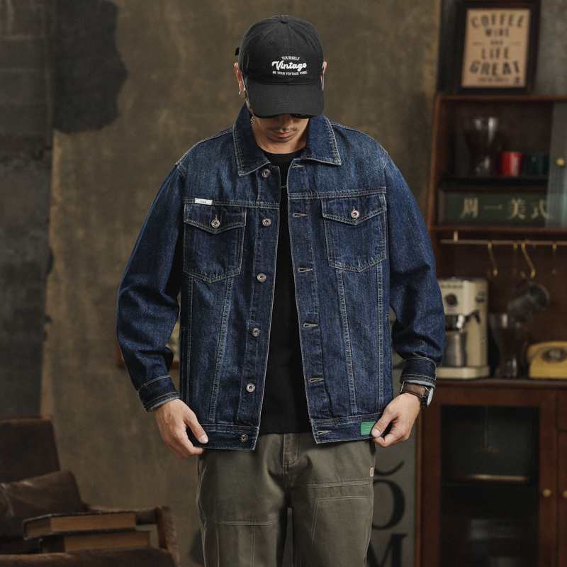 春秋季新款深蓝色复古牛仔外套男潮牌帅气工装夹克男士牛仔衣