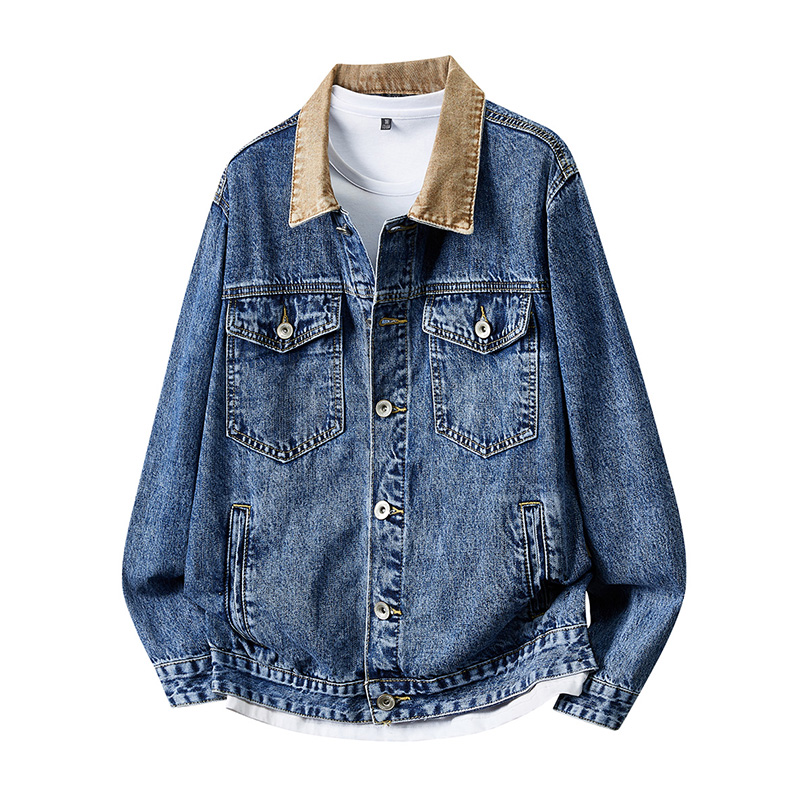 美式做旧水洗撞色拼接翻领牛仔外套新款潮牌高级感男款夹克