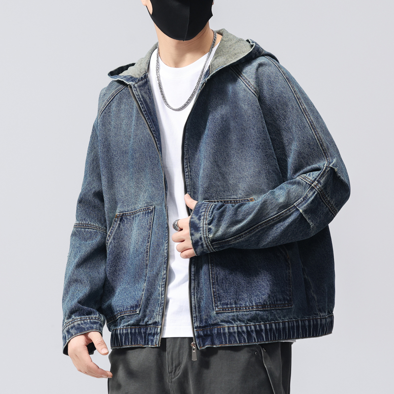 2025秋冬季新款连帽牛仔外套男休闲百搭上衣潮流男装拉链牛仔夹克