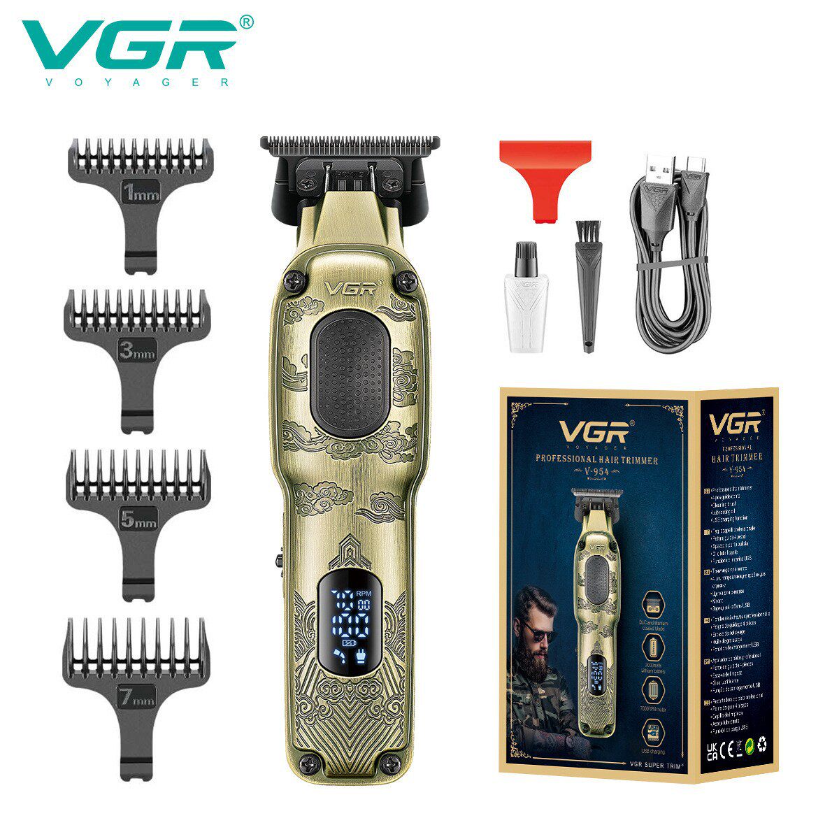 VGR954跨境金属理发器发廊专业油头电动男士推剪USB充电雕刻推子