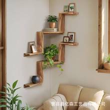 木质置物架墙角书架阶梯式浮动搁板厨房卧室植物装饰架实木转角架