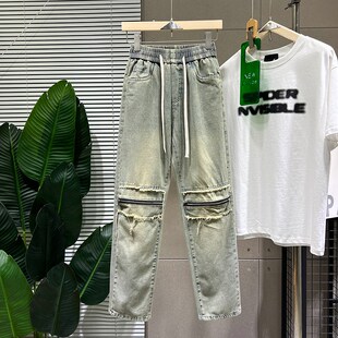 秋季直筒牛仔裤男美式做旧膝盖破洞裤子薄款九分工装裤窄版乞丐裤
