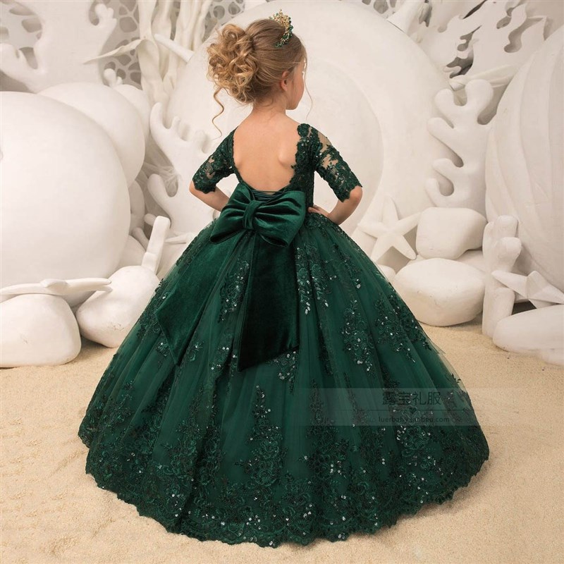 绿色儿童礼服模特走秀女童公主裙蓬蓬纱生日森系钢琴演出服主持人