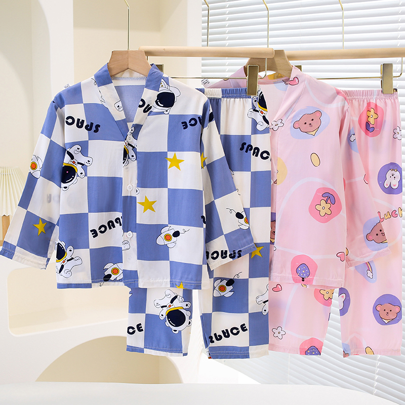 夏季薄款儿童睡衣套装男童女童中大童棉绸开衫九分长袖裤家居服