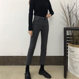 XS码 弹力直筒裤 八分女150百搭九分修身 小个子145高腰烟灰色牛仔裤