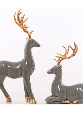 新中式陶瓷招财麋鹿摆件家居客厅玄关隔断书架桌面装饰品送礼摆设