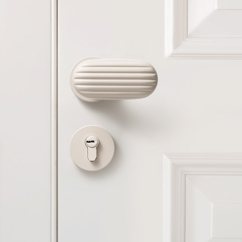 奶油风家用卧室门锁米白色房间木门门把手磁吸静音分体室内房门锁