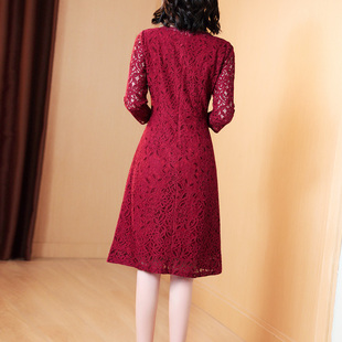 红色蕾丝连衣裙女夏2021早秋新款收腰显瘦气质长袖婚礼宴会礼服裙