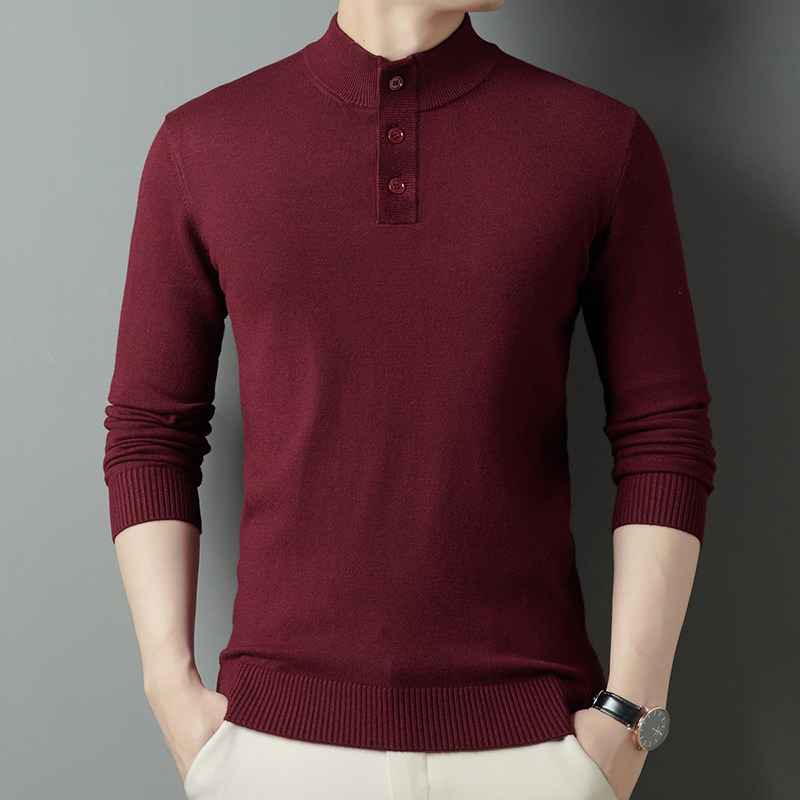 枣红色半高领毛衣男带扣子中领t恤长袖内搭针织衫爸爸秋冬装上衣