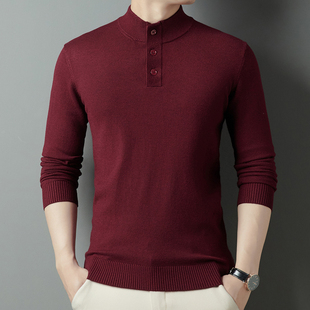 枣红色半高领毛衣男带扣子中领t恤长袖内搭针织衫爸爸秋冬装上衣
