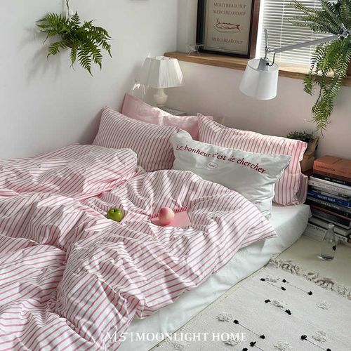 极昼鸢尾极简条纹全棉纯棉床上四件套床单被套被单床笠床品三件套