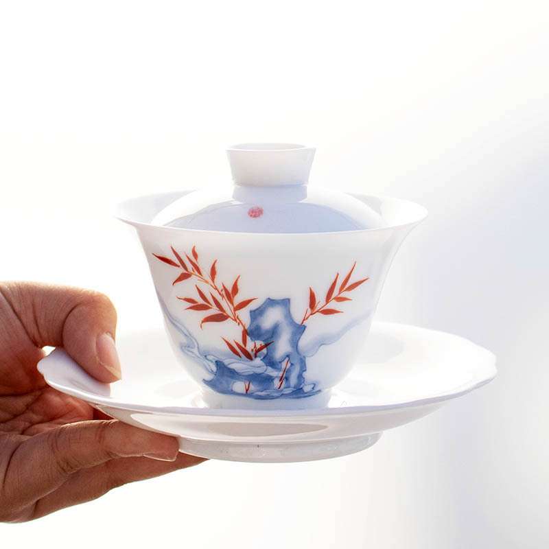 白瓷茶碗薄胎景德玉瓷甜白釉釉下彩墨彩手绘三才盖碗大号陶瓷泡茶