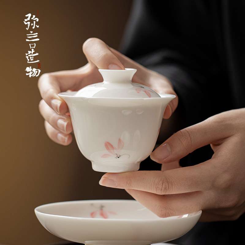 弥言釉下彩手绘兰花盖碗玉瓷花口泡茶碗茶杯不烫手功夫茶具泡茶器