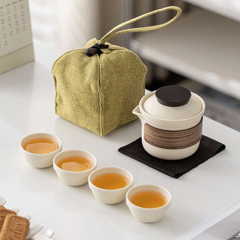 无争奶油黄釉快客杯便携式户外一壶三杯喝茶装备功夫旅行茶具套装