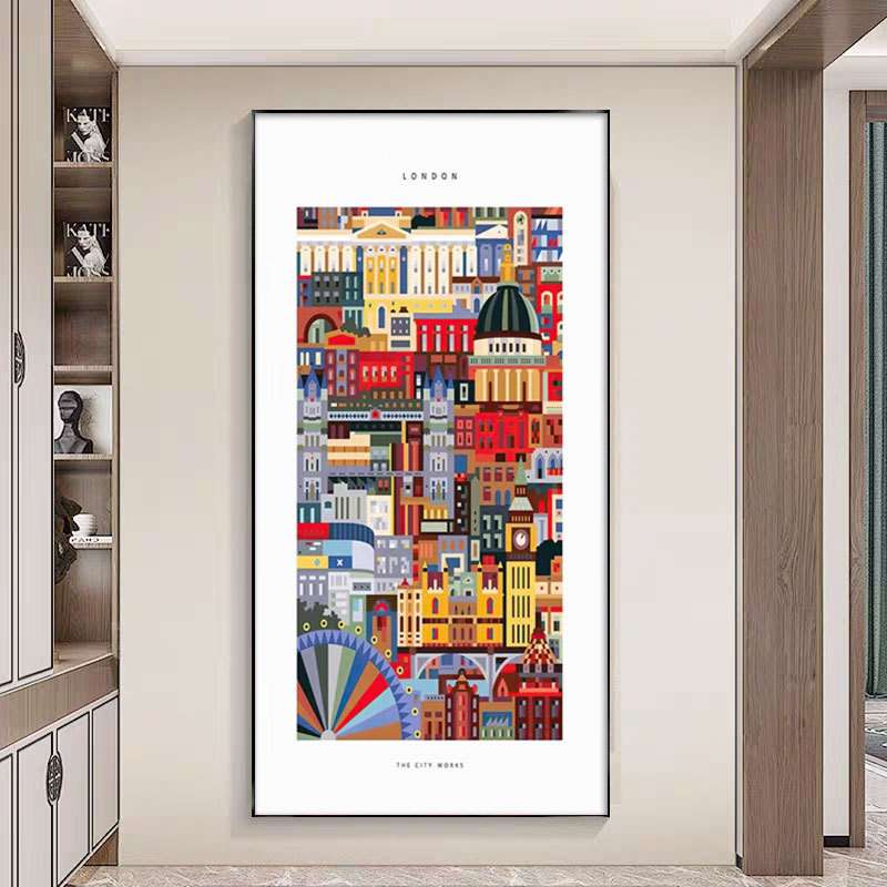 现代彩色城市建筑特色进门玄关装饰画客厅抽象墙面画走廊过道挂画图片