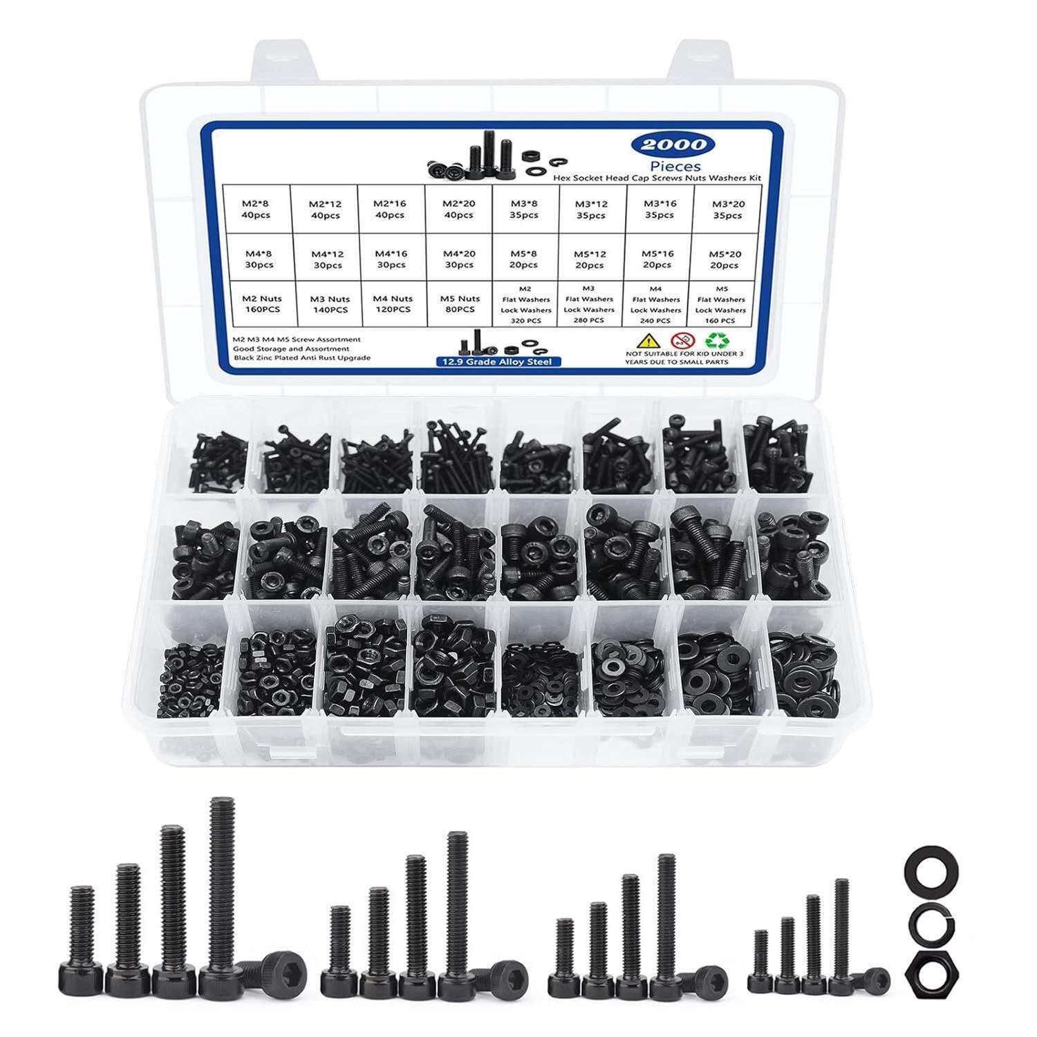 2000PCS公制六角套筒头螺栓M2 3 4 5,12.9合金钢螺丝螺母垫圈套装