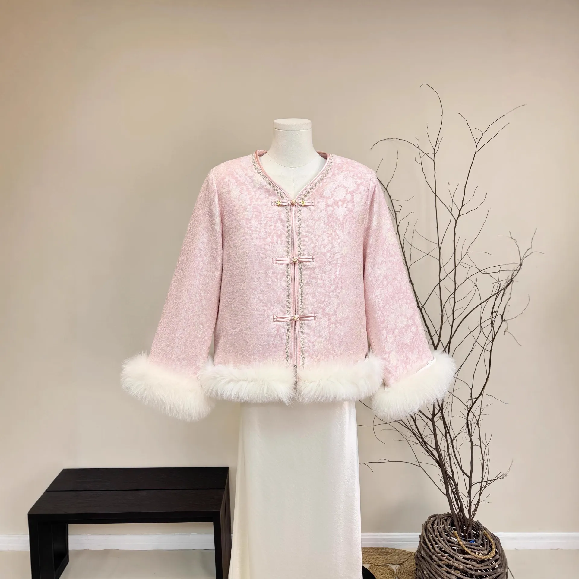 新中式提花狐狸毛羽绒服2025冬季新款国风圆领外套感仙气上衣