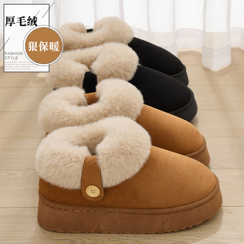防滑厚底毛绒保暖棉拖鞋女款包跟