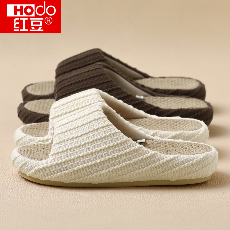 红豆针织透气吸汗厚底亚麻拖鞋女