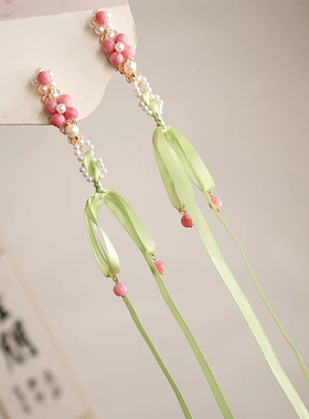 夏新款凌妙妙汉服古风花朵绿色飘带发夹发钗蝴蝶结流苏儿童春头饰