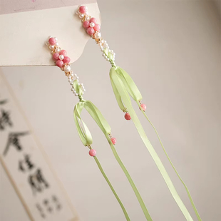 夏新款凌妙妙汉服古风花朵绿色飘带发夹发钗蝴蝶结流苏儿童春头饰