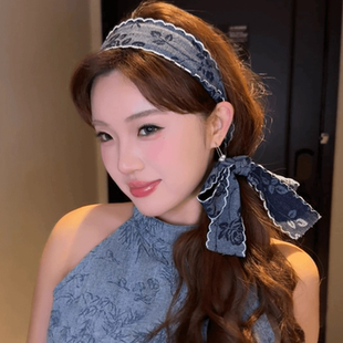 超仙玫瑰刺绣宽边飘带发箍女蓝色牛仔布艺发卡2025高级感气质发饰