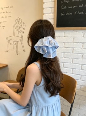 韩系夏季穿搭森系蓝色蒲公英苎麻棉裙摆马尾抓夹女高级感2026新款