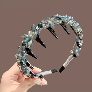 蓝色水晶带齿发卡头饰高级感轻奢发箍女款洋气时尚女孩气质头箍