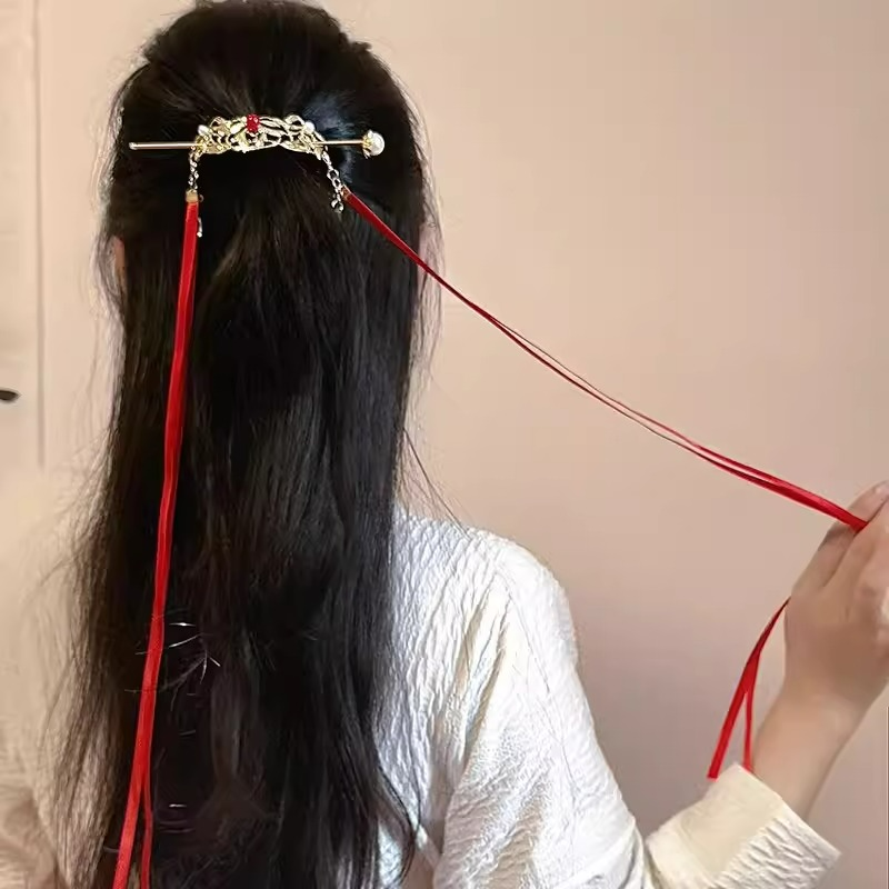 新中式汉服束发头冠发钗女古风红色飘带发簪头饰国风马面裙发饰男