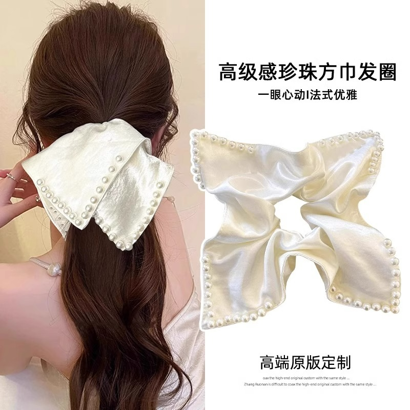 名狐缎面珍珠方形大肠发圈新款